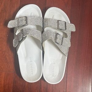 Madden Girl Silver Rhinestone Dual-Buckle Slide Sandals Size 9
